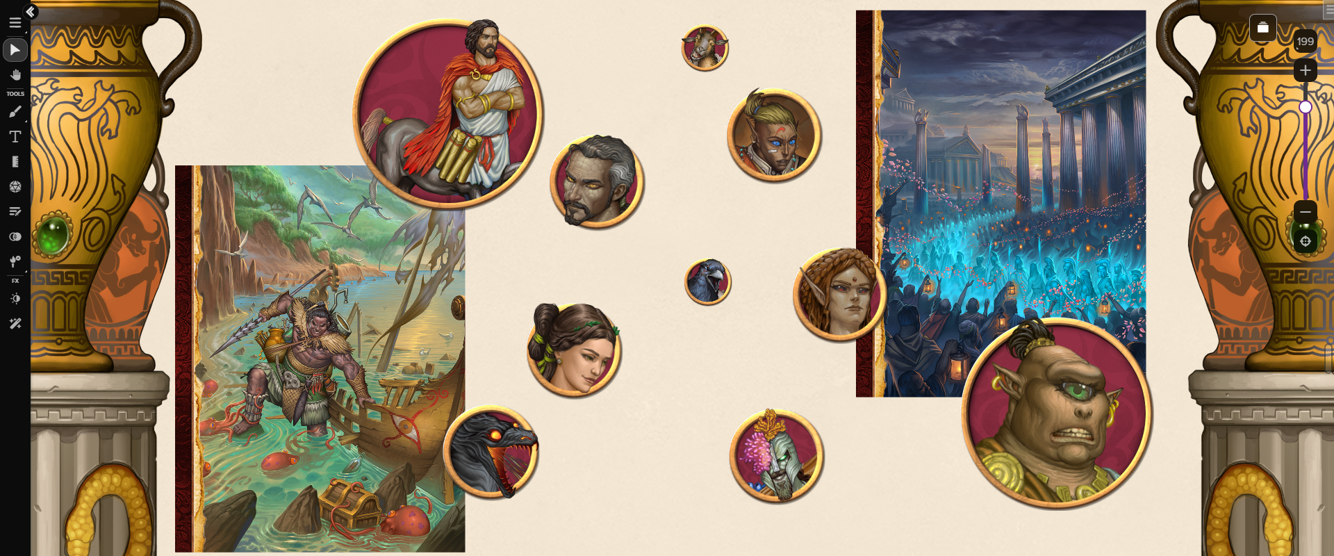 A selection of tokens and portraits from the *The Acropolis Pyre* Art Pack featuring mythical beings like centaurs, ogres, and vishkanya, displayed on the Roll20 virtual Tabletop.
