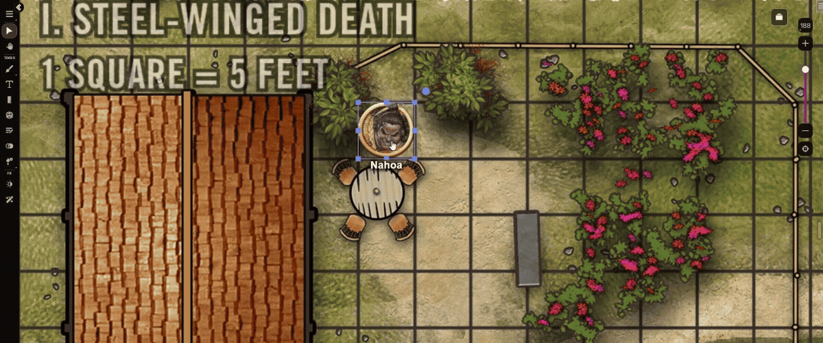 Roll20’s new foreground layer allows tokens to interact with objects, allowing Nahoa to see the interior of the building rather than the roof.