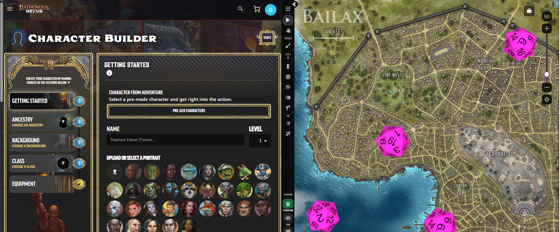 Access your Demiplane sheets inside of Roll20 games! On the left, Demiplane’s intuitive character builder makes creating characters a breeze. On the right, the map of Bailax is displayed on the Roll20 VTT.
