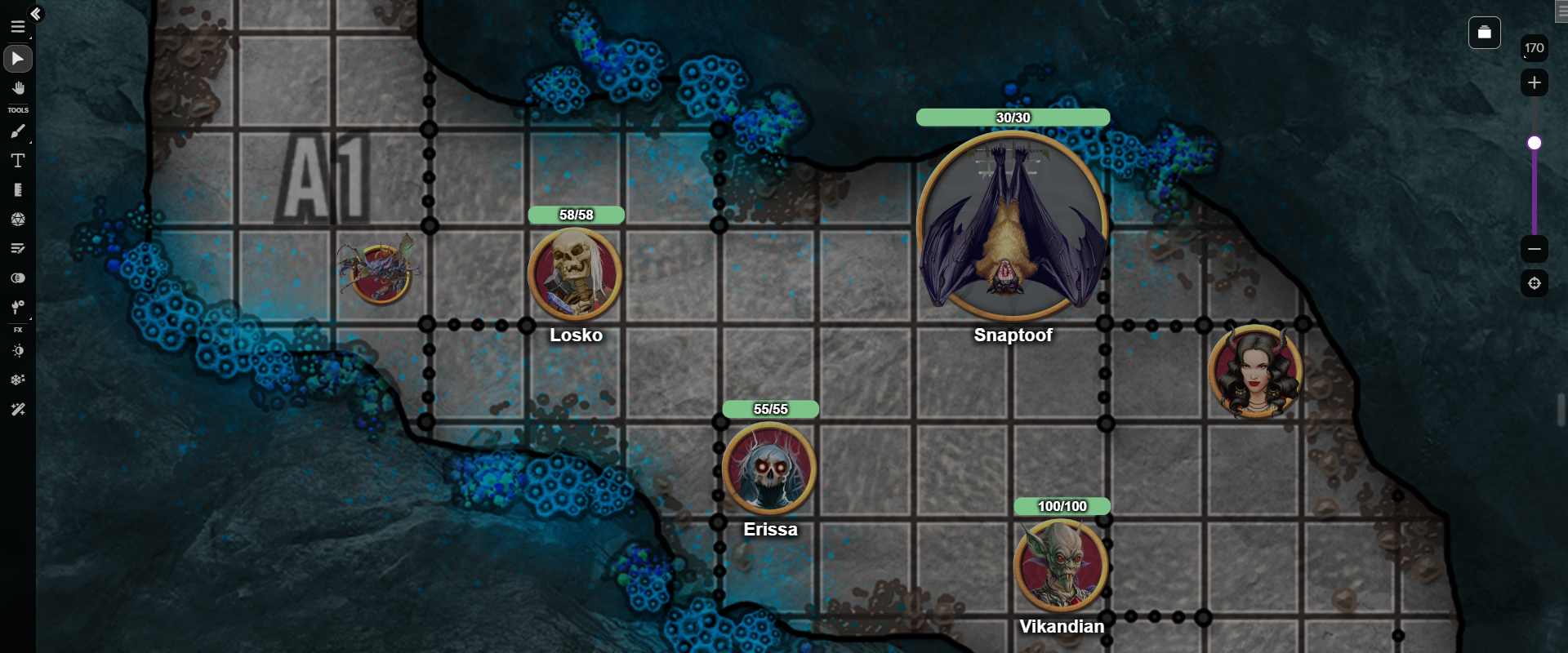Popout tokens linked to pre-filled NPC sheets displayed on the Roll20 Virtual Tabletop. 