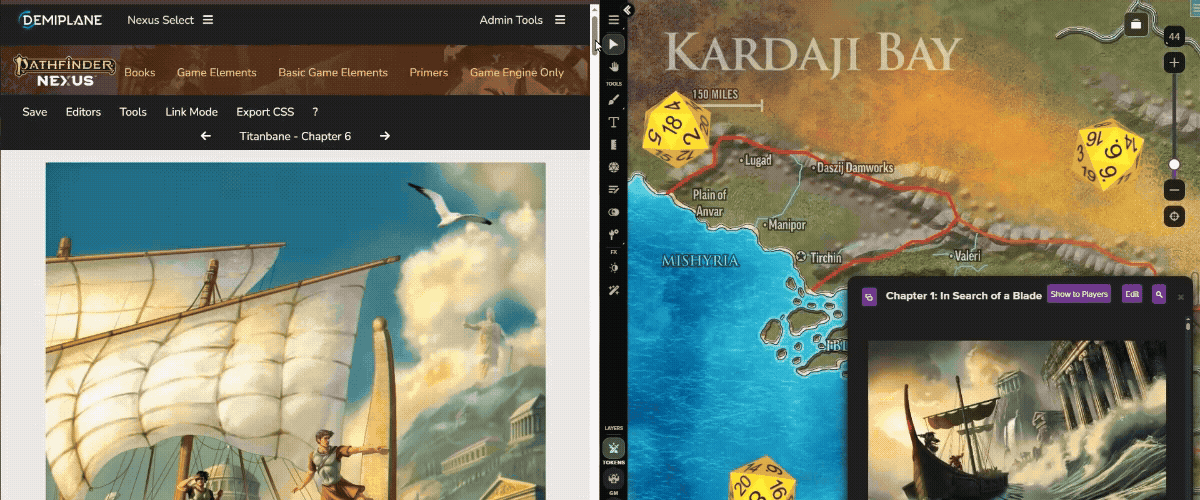 Check out the Demiplane Digital Reader Experience (left) with filter-able options and helpful tooltips! Pictured here alongside a map of the Kardaji Bay and an adventure text handout on the Roll20 VTT.