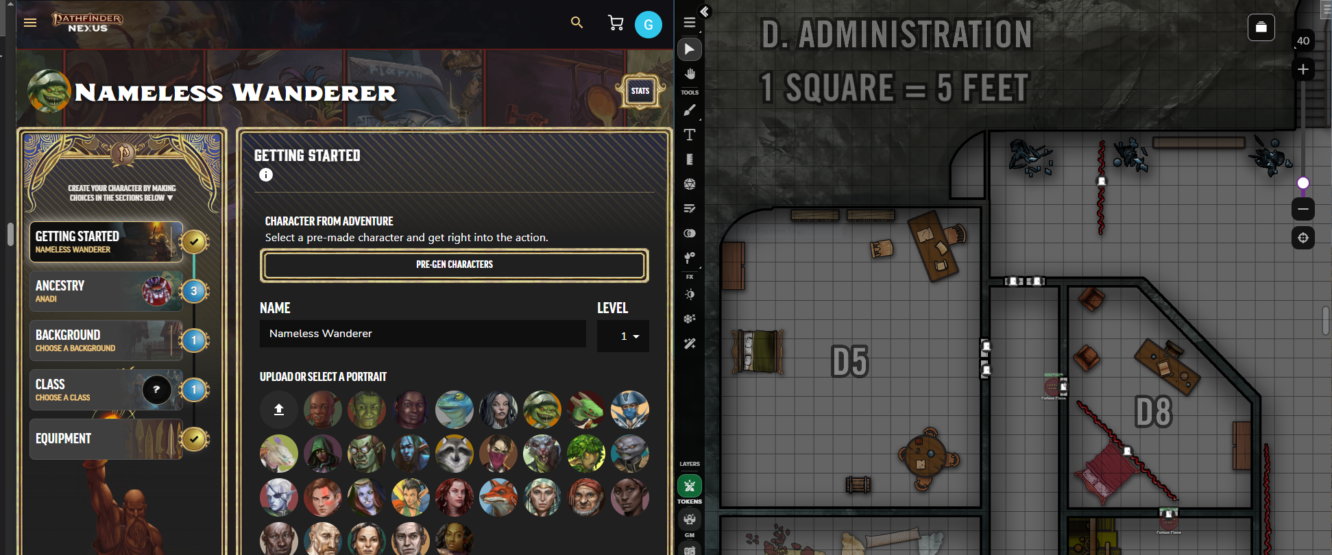 Demiplane Character Builder tools (left) alongside a map displayed on the Roll20 VTT (right).