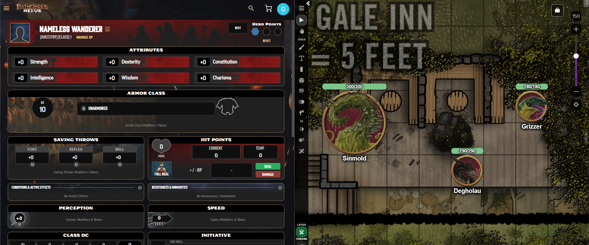 Image of Demiplane character-building tools on the Pathfinder Second Edition Nexus (left) alongside a map and character tokens from the Roll20 VTT Companion (right).