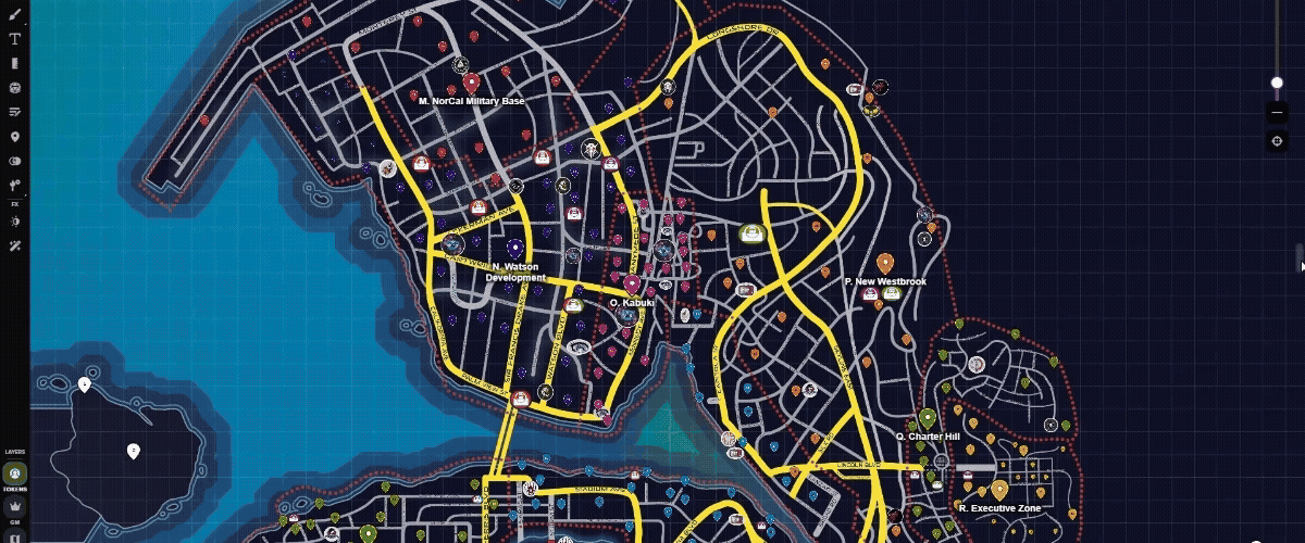 A scrolling image of the Night City 2045 Map