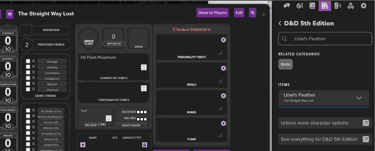 Alt text: D&d 5e Character Sheet on Roll20 with new class features from The Straight Way Lost