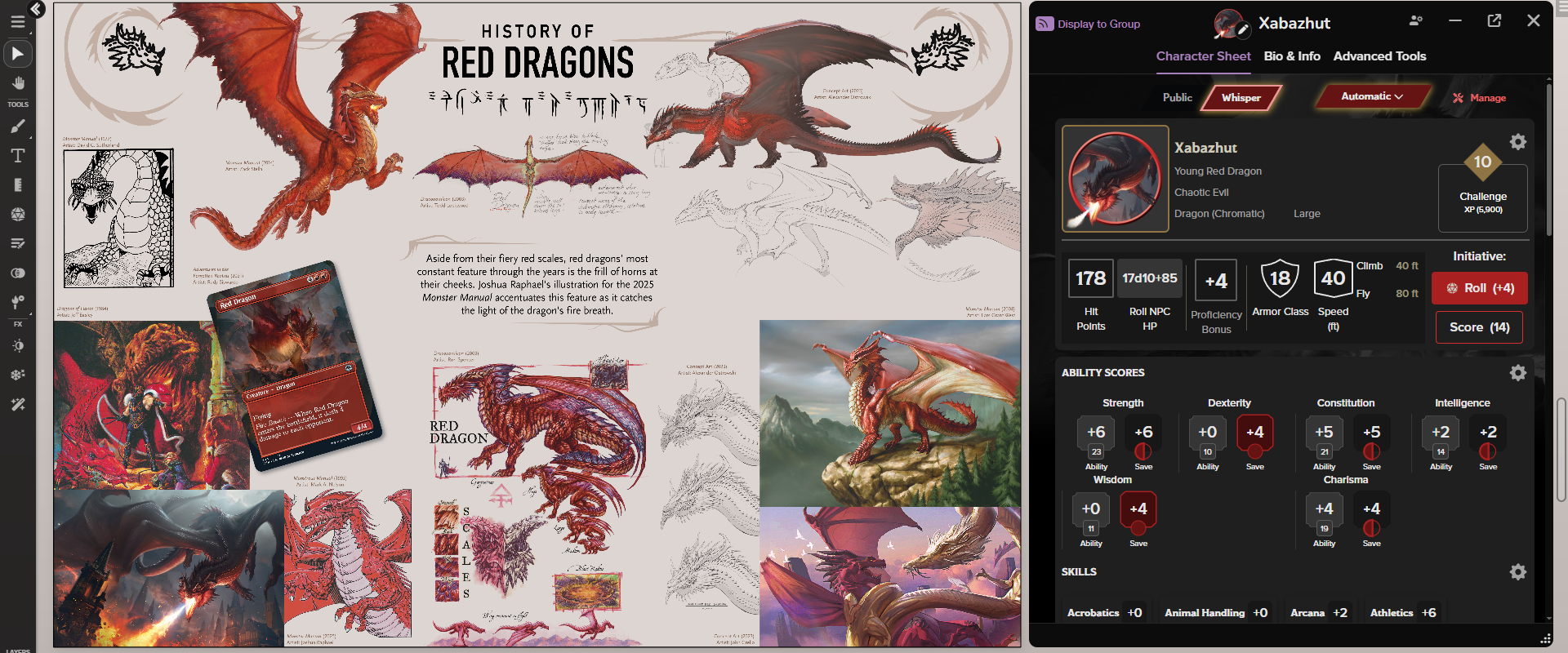 Each adventure focuses on a different type of dragon, and features a curated art page of that dragon throughout the history of Dungeons and Dragons! Check out the History of Red Dragons page alongside a red dragon statblock using Roll20’s D&D 2024 character sheet.