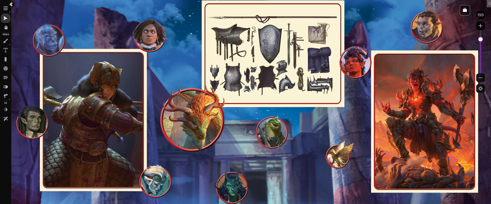 Tokens and Portraits from the *Forgotten Realms: Heroes of Faerun* Art pack displayed on the Roll20 virtual tabletop, including beautifully-crafted pop-out tokens featuring a dragonborn, a tressym, a spirit dragon, and many more!