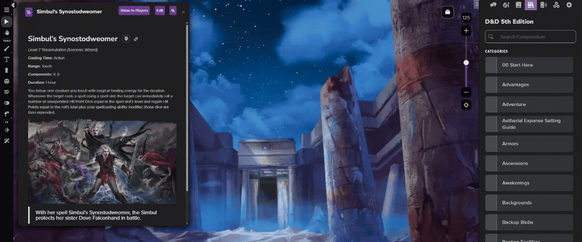 Drag new items, spells, feats, subclasses, and backgrounds from the compendium directly into your game on the Roll20 VTT!