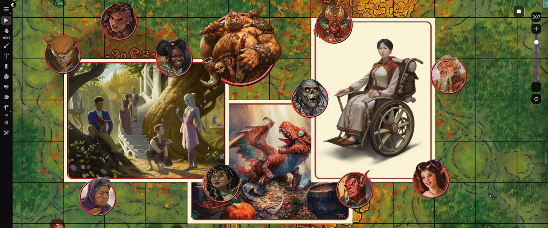 Tokens and portraits  from the *Heroes of the Borderlands* Art Pack, displayed on the Roll20 VTT.t