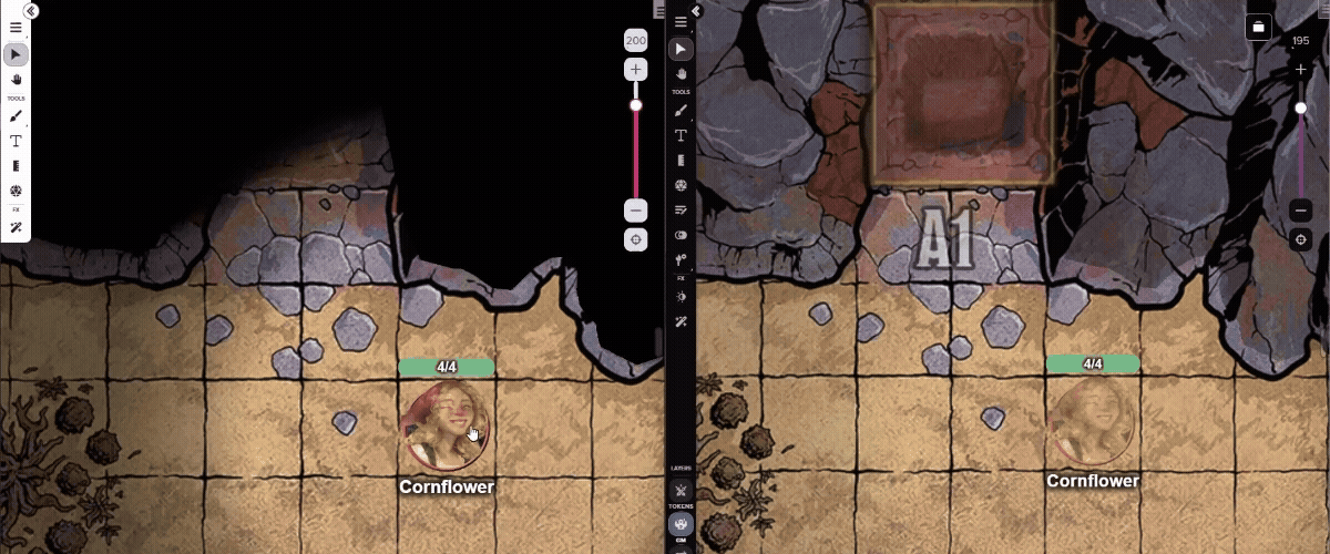 Cornflower (player side left) interacts with a pit trap that is then revealed from the DM’s side (right) on the Roll20 VTT.