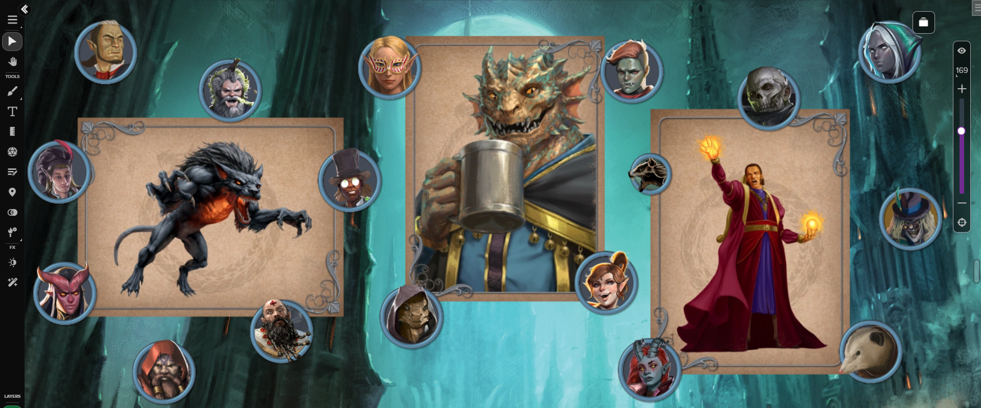 Tokens and Portraits from the *Skullduggery* Art and Token pack, displayed on the Roll20 VTT.