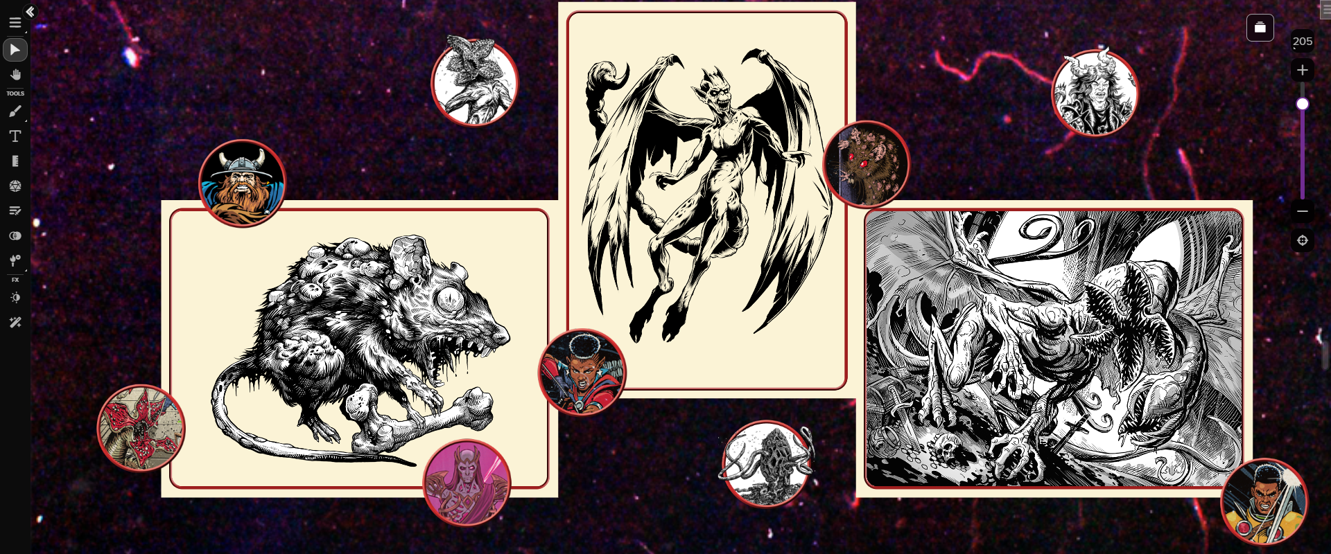 Tokens and Portraits from the *Welcome to the Hellfire Club* Art Pack, displayed on the Roll20 Virtual Tabletop.