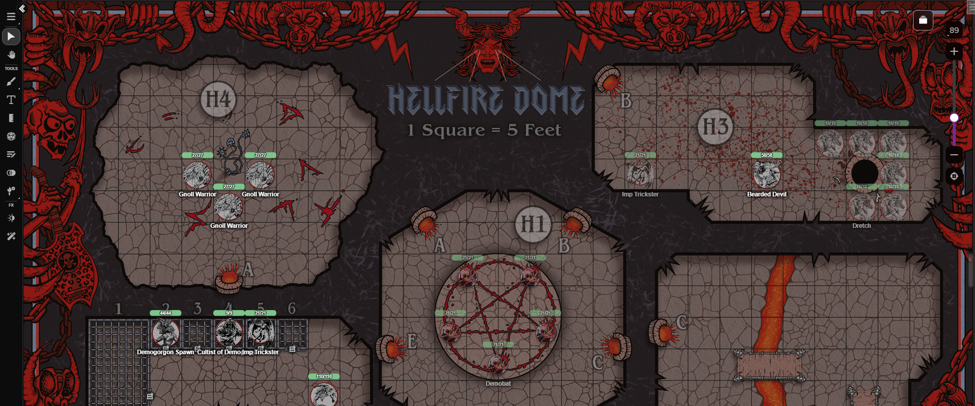 The Hellfire Dome map on the Roll20 VTT features pre-set creatures, some hidden from players on the GM layer!